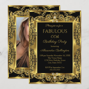 Convites Elegante Dourado Festa de Aniversário Preto Damask