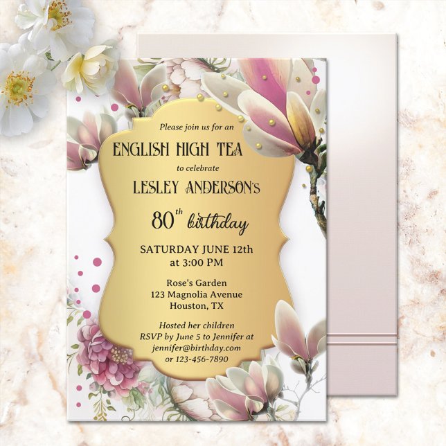 Convites Elegante Dourado Floral English High Tea Birthday (Criador carregado)