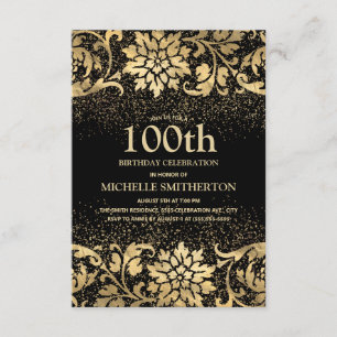 Convites Elegante Dourado Floral Negro Brilhante 100º Aniv