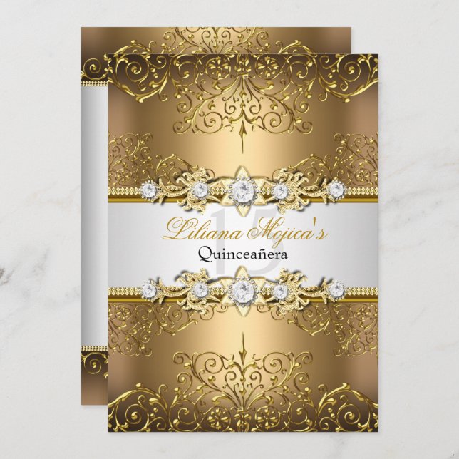 Convites Elegante Dourado Glamor Quinceanera (Frente/Verso)