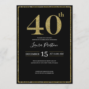 Convites Elegante Dourado Glitter aniversário de 40 anos