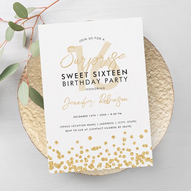Convites Elegante Dourado Glitter Confetti Surpresa Sweet 1 (Elegant Gold Glitter Confetti Surprise Sweet 16 Invitation)
