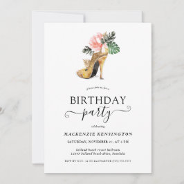 Convites Elegante Dourado Glitter Floral Dourado Heels Aniv