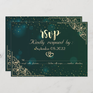 Convites Elegante Dourado Hearts Frame Green Wedding RSVP