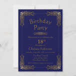 Convites Elegante Dourado Lace Blue 18th Festa de aniversár<br><div class="desc">Um ornamentado elegante e personalizável,   azul,  18º convite de aniversário.</div>