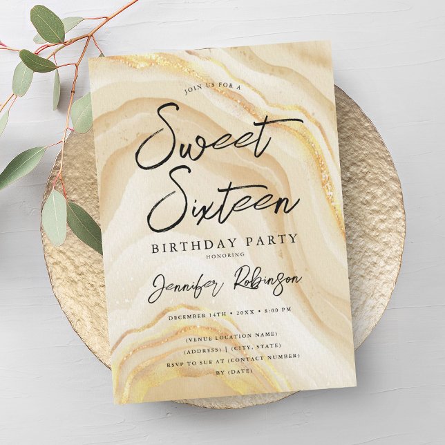 Convites Elegante Dourado Marble Sweet 16 Aniversário (Elegant Gold Glitter Marble Sweet 16 Birthday Invitation)