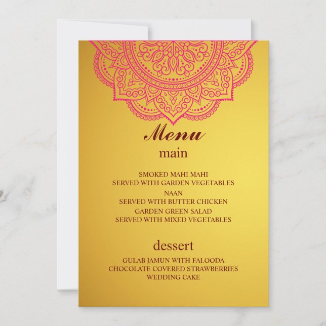Convites Elegante Dourado menu Casamento Hindu Indiano Rosa (Frente)