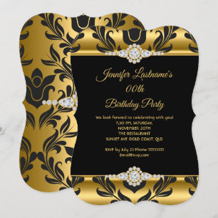 Convites Elegante Dourado Preto Damasco Diamante Festa de A