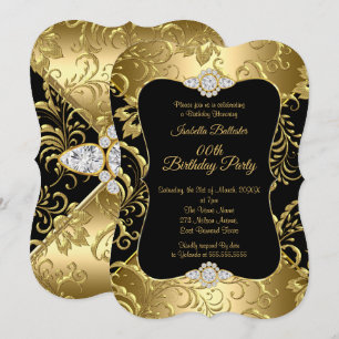Convites Elegante Dourado Preto Damasco floral Festa de Ani
