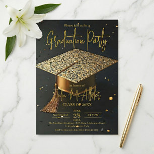 Convites Elegante Dourado Preto Falso Brilho Cap Graduação