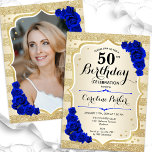 Convites Elegante Dourado Real Foto Azul 50º Aniversário<br><div class="desc">Elegante convite floral feminino de 50 anos com sua foto no final do cartão. Design de vidro com ouro brilhante falso. Apresenta faixas de ouro, rosas azuis reais, fontes de script e confetti. Perfeito para uma festa de comemoração de na moda adulto. Personalize com seus próprios detalhes. Pode ser personalizado...</div>