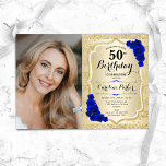 Convites Elegante Dourado Rosa Real Azul Foto 50º Aniversár<br><div class="desc">Elegante convite floral feminino para o 50º aniversário com sua foto. Design de vidro com ouro brilhante falso. Apresenta faixas, rosas azuis reais, fontes de script e confetti. Perfeito para uma festa de comemoração de na moda adulto. Personalize com seus próprios detalhes. Pode ser personalizado para qualquer idade! Impressos convites...</div>