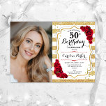 Convites Elegante Dourado Rosa vermelha Branco Foto 50º Ani<br><div class="desc">Elegante convite floral feminino para o 50º aniversário com sua foto. Gama, design branco e vermelho com ouro brilhante falso. Recursos stripes, rosa vermelha, fonte de script e confetti. Perfeito para uma festa de comemoração de na moda adulto. Personalize com seus próprios detalhes. Pode ser personalizado para qualquer idade! Impressos...</div>
