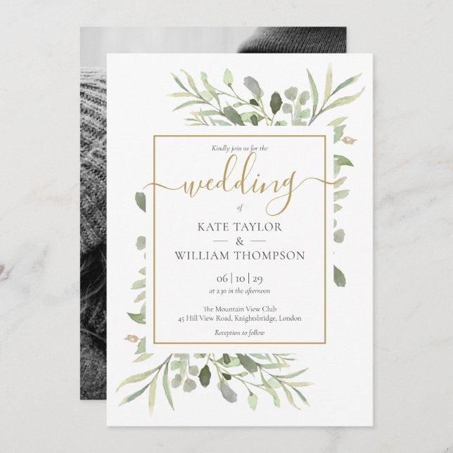 Convites Elegante Dourado Roteiro Greenery Deixa Foto Casad (Frente/Verso)