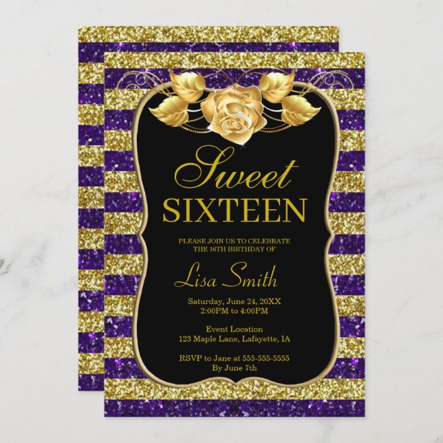 Convites Elegante Dourado Roxo Brilho Rosa Sweet 16 (Frente/Verso)