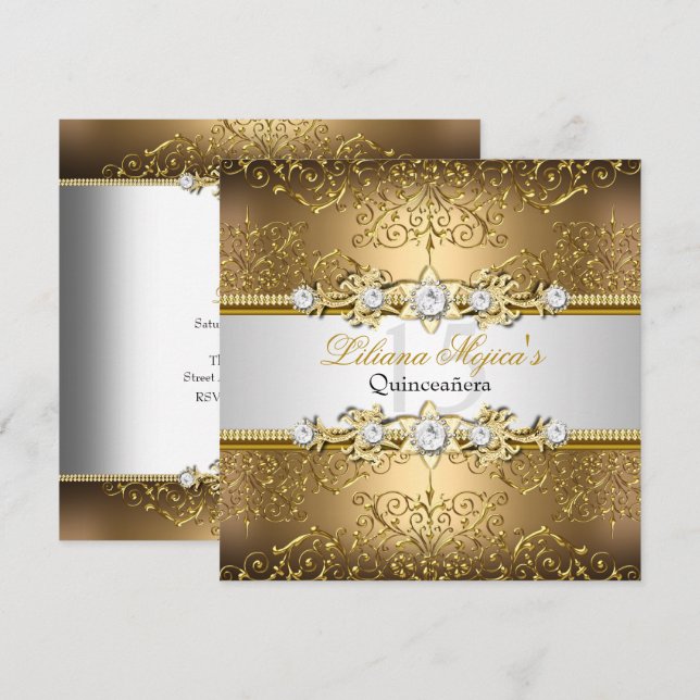 Convites Elegante Dourado Silver Swirl Damask Quinceanera (Frente/Verso)