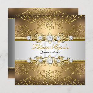 Convites Elegante Dourado Silver Swirl Damask Quinceanera