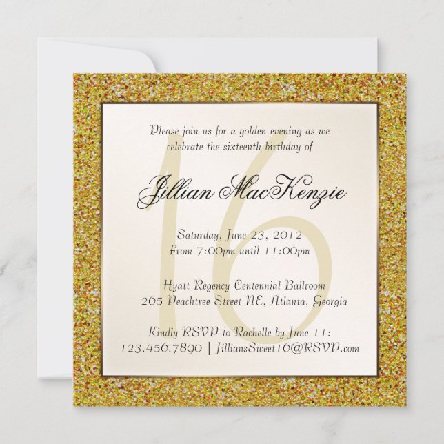 Convites Elegante Dourado Sweet 16 Faux Glitter Invite (Frente)