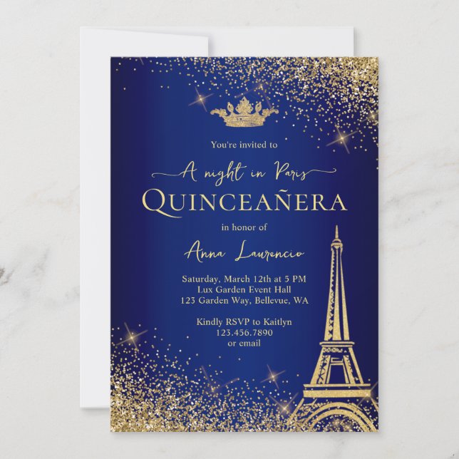 Convites Elegante Dourado Tema da Noite de Paris Quinceaner (Frente)