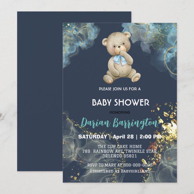 Convites Elegante Dourado Urso Urso Urso Água chá (Frente/Verso)