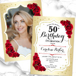 Convites Elegante Dourado Vermelho Branco Foto 50º Aniversá<br><div class="desc">Elegante convite floral feminino de 50 anos com sua foto no final do cartão. Design com ouro falso. Apresenta rosa vermelha, fonte de script e confetti. Perfeito para uma festa de comemoração de na moda adulto. Personalize com seus próprios detalhes. Pode ser personalizado para qualquer idade! Impressos convites Zazzle ou...</div>