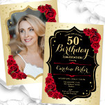Convites Elegante Dourado Vermelho Negro Foto 50º Aniversár<br><div class="desc">Elegante convite floral feminino de 50 anos com sua foto no final do cartão. Design com ouro falso. Apresenta rosa vermelha, fonte de script e confetti. Perfeito para uma festa de comemoração de na moda adulto. Personalize com seus próprios detalhes. Pode ser personalizado para qualquer idade! Impressos convites Zazzle ou...</div>