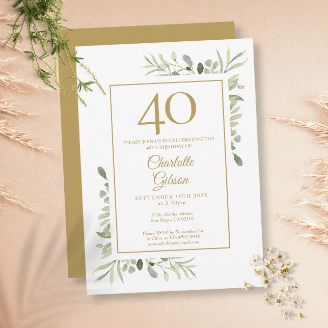 Convites Elegante Dourado Watercolor aniversário de 40 anos (Criador carregado)