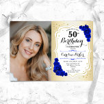 Convites Elegante Dourado White Blue Foto 50th Birthday<br><div class="desc">Elegante convite floral feminino para o 50º aniversário com sua foto. Design com ouro falso. Apresenta rosas azuis reais, fonte de script e confetti. Perfeito para uma festa de comemoração de na moda adulto. Personalize com seus próprios detalhes. Pode ser personalizado para qualquer idade! Impressos convites Zazzle ou modelo de...</div>