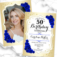 Elegante Dourado White Blue Foto 50th Birthday