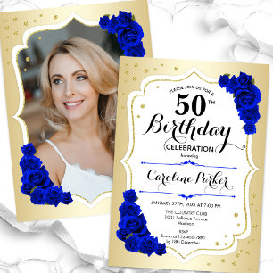Convites Elegante Dourado White Blue Foto 50th Birthday