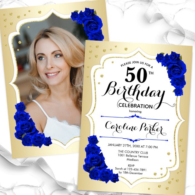 Convites Elegante Dourado White Blue Foto 50th Birthday (Criador carregado)