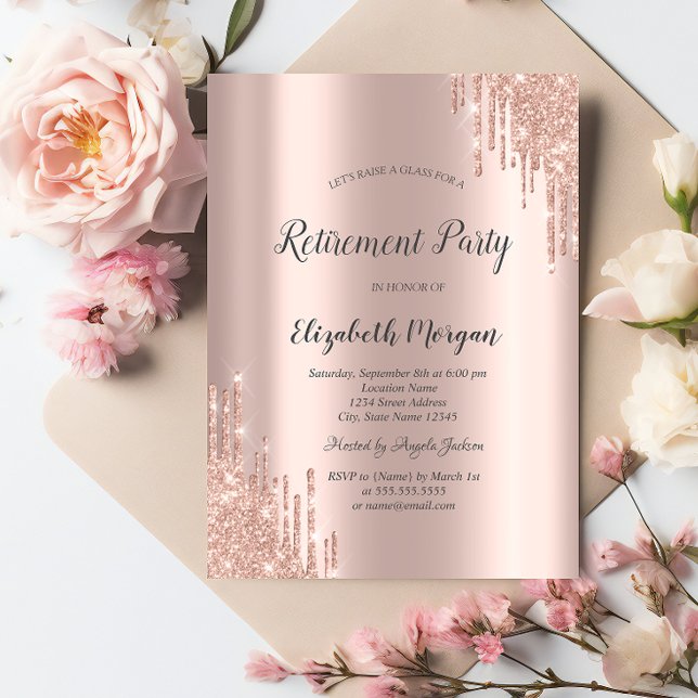 Convites Elegante Drips de Glitter em Dourado Rosa Aposenta (Criador carregado)