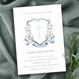 Convites Elegante Dusky Blue Wildflower Cross Crest Baptism