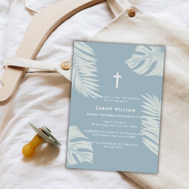 Convites Elegante Dusty Blue Boho deixa o batismo cruzado (Elegant Dusty Blue Boho Leave Gold Cross Baptism Invitation)