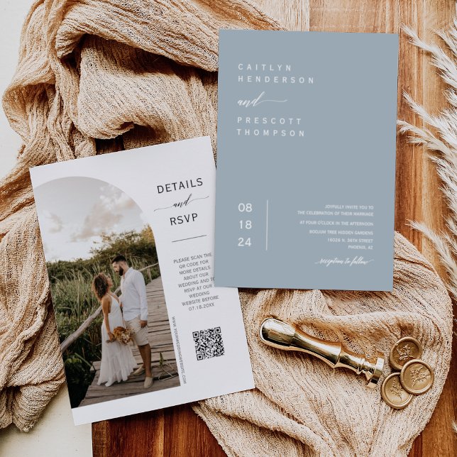 Convites Elegante Dusty Blue Boho Foto QR Code Wedding Invi (Criador carregado)
