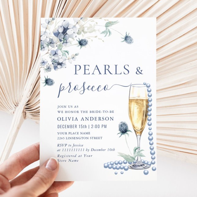 Convites Elegante Dusty Blue Boho Winter PEARLS & Prosecco (Criador carregado)