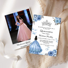 Convites Elegante Dusty Blue Borboleta Floral Quinceanera