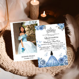 Convites Elegante Dusty Blue Borboleta Floral Quinceanera