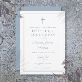 Convites Elegante Dusty Blue Border Primeira Comunhão Santa