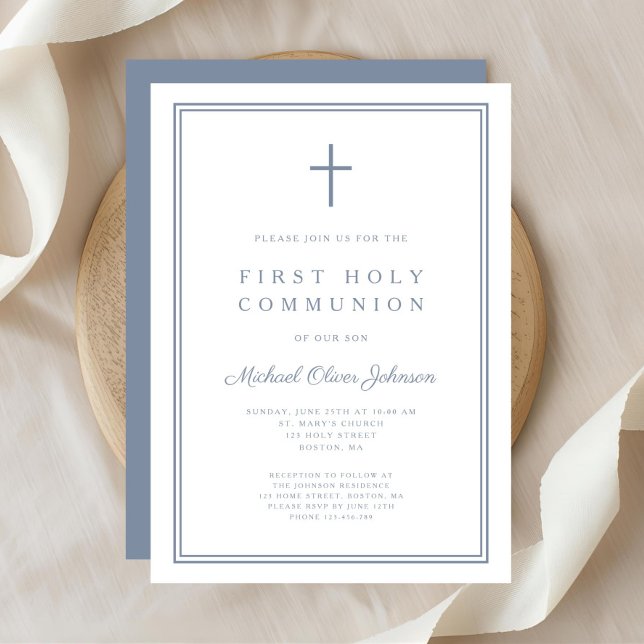 Convites Elegante Dusty Blue Cross Boy Primeira Comunhão Sa (Elegant Dusty Blue Cross Boy First Holy Communion Invitation)