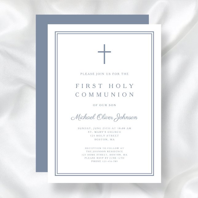 Convites Elegante Dusty Blue Cross Boy Primeira Comunhão Sa (Elegant Dusty Blue Cross Boy First Holy Communion Invitation)