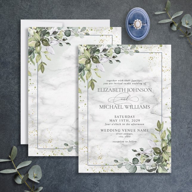 Convites Elegante Dusty Blue Eucalyptus Greenery Marble (Criador carregado)