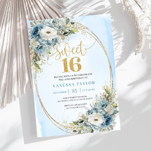 Convites Elegante Dusty Blue Floral Dourado Sweet Sixteen 1