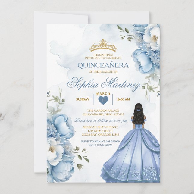 Convites Elegante Dusty Blue Flowers Princesa Quinceañera (Frente)