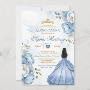 Convites Elegante Dusty Blue Flowers Princesa Quinceañera