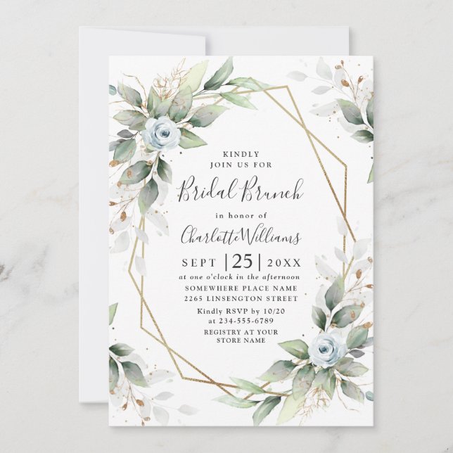 Convites Elegante Dusty Blue Greenery Bridal Brunch (Frente)