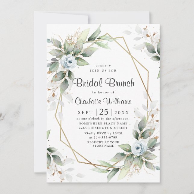Convites Elegante Dusty Blue Greenery Bridal Brunch (Frente)