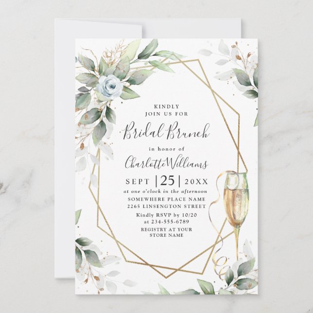 Convites Elegante Dusty Blue Greenery Bridal Brunch (Frente)