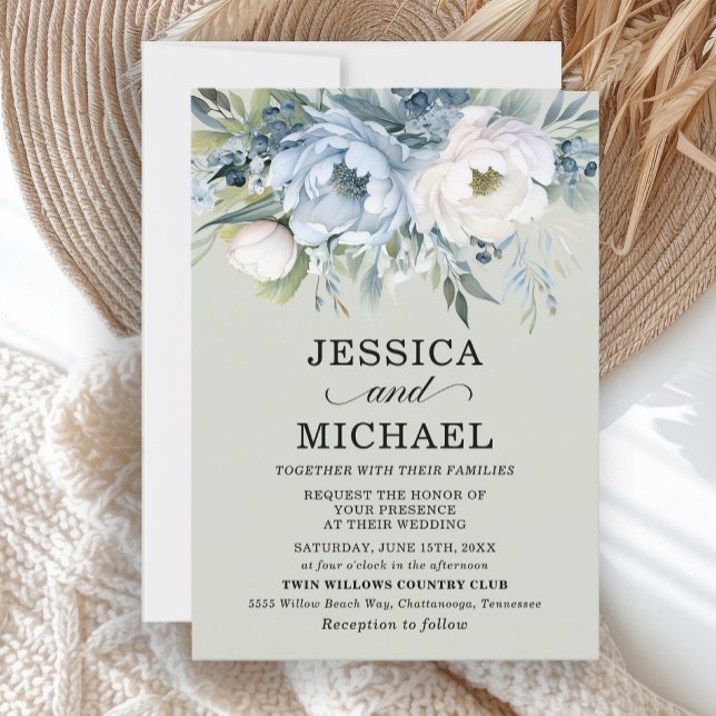 Convites Elegante Dusty Blue Ivory Floral Sage Verde (Elegant dusty blue and white floral on mint green wedding invitation)