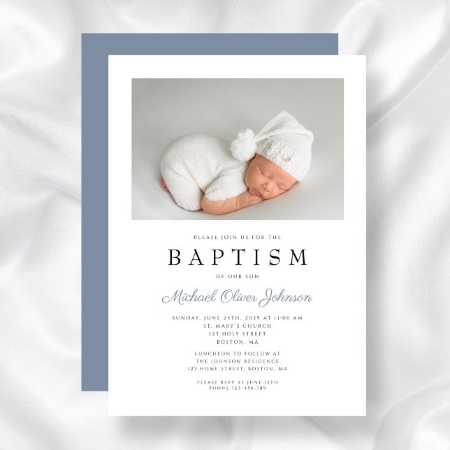 Convites Elegante Dusty Blue Photo Boy Baptism (Elegant Dusty Blue Photo Boy Baptism Invitation)